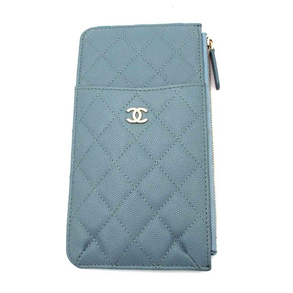CHANEL 19S Blue Leather Caviar Quilted Cardholder Zip Wallet Long Phone Case CC